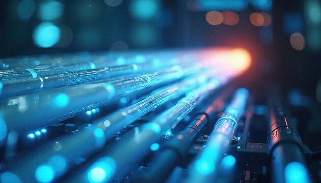 Close-up view of glowing blue fiber optics data cables transmitting light. Futuristic tech infrastructure with abstract digital network flow. High speed data transfer concept. - Powered by Adobe