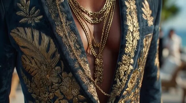 Homem com blazer elegante vintage e correntes no pescoco estilo sofisticado