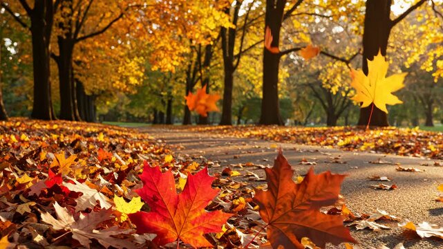 Autumn leaves on a park path