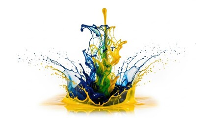 Dynamic splash of deep blue ink colliding with bright yellow paint in a high-speed photograph.