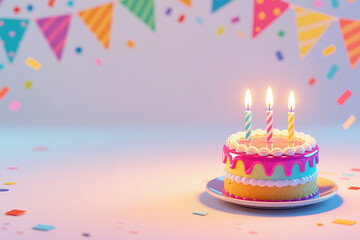 Vibrant birthday cake with three lit candles, surrounded by confetti and bunting flags, in a digital illustration style, celebrating a special holiday.