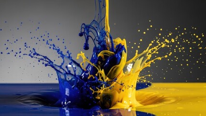 Dynamic splash of deep blue ink colliding with bright yellow paint in a high-speed photograph.