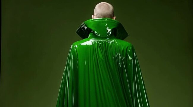 Linda mulher com look futurista usando capa de tecido vinilico verde moda moderna