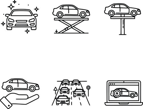 Automotive service icons set clean car lift transportation digital tech hand car care vector