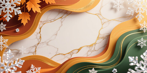 Christmas or thanksgiving celebration in luxurious style, featuring white marble texture and layers of shiny, golden details amidst flowing curves and snowflake decorations.
