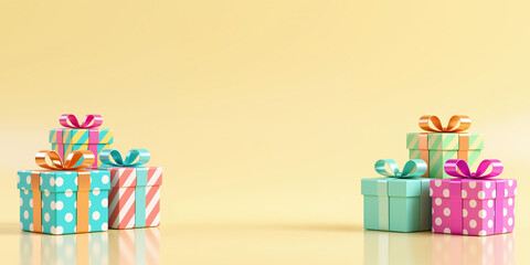 Festive illustration of gift boxes in various patterns and colors, perfect for a birthday or holiday, with a minimalist yellow background and soft reflections.