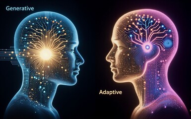 Two glowing brains: one generative, blue; other adaptive, vibrant hues. Futuristic neural networks contrasted.