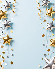 Elegant holiday background with metallic gold and silver stars, ribbons on light blue, perfect for New Years Eve, birthday or party invitation, modern style illustration.