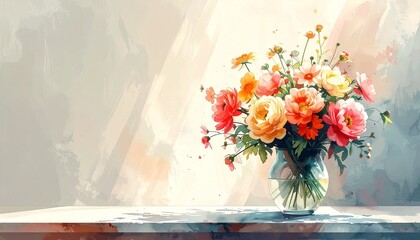 Minimalist digital illustration of a fresh spring bouquet on a table for Mother's Day and birthday greeting cards.