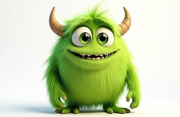 Fototapeta premium A fluffy green monster with big eyes and horns stands on a white background. This cartoon character has a friendly smile and appears playful. It looks like a toy or plush creature.