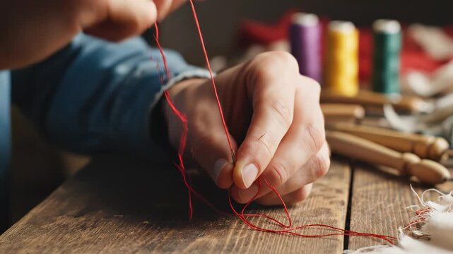 Hands sewing with needle and thread