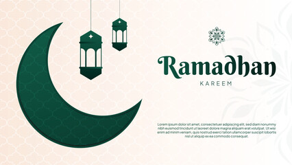 Green Ramadan Kareem Islamic Background with Mosque and Lantern