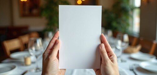 Hands hold blank paper card at served table in restaurant or cafe. Advertisement space for menu mockup or food event announcement. Customer reading menu or business offer at restaurant.