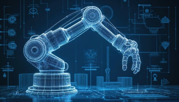 Robotic arm technical blueprint illustration. Industry automation concept. Advanced technology engineering design. Wireframe arm drawing for manufacture production. Futuristic machine robot design