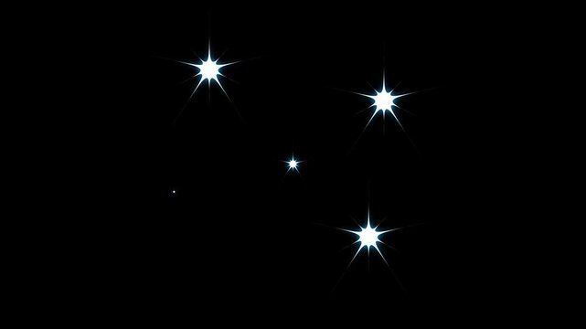 Sparkle star twinkle motion graphics featuring white cartoon flat vector doodles, blinking glowing light trails for festive overlays and animated titles on black screen background, seamless 4K
