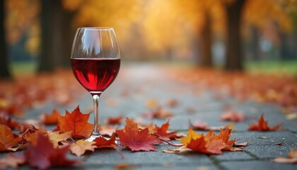 Obraz premium Glass of red wine stands among fallen autumn leaves. Warm colors convey fall feelings. Romantic scene is ideal for seasonal celebrations or toasting important holiday with wine.