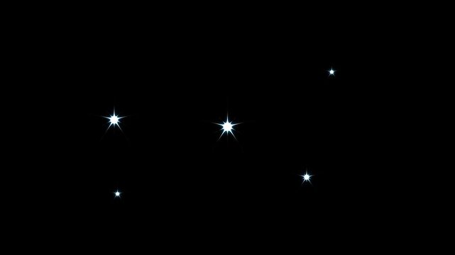 Twinkle sparkle star animation showing white cartoon flat vector doodles, glowing blinking festive shine effects for motion graphics overlays on transparent black screen background, seamless 4K