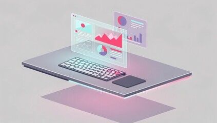 Isometric 3D Data Analytics and Business Intelligence Concept, Digital Dashboard with Infographic Charts and Graphs on Virtual Screen, Modern Workspace Technology for Financial Research