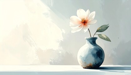 Elegant hand-painted watercolor painting of a lonely white flower in a ceramic vase reflecting calm and thankful mood.