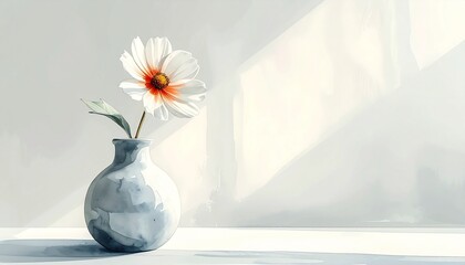Elegant hand-painted watercolor painting of a lonely white flower in a ceramic vase reflecting calm and thankful mood.