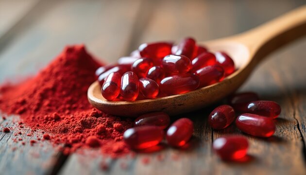 Red astaxanthin capsules on spoon with powder heap. Natural antioxidant supplement for skin, eyes, and body health. Vitality boost for anti-aging and wellness.
