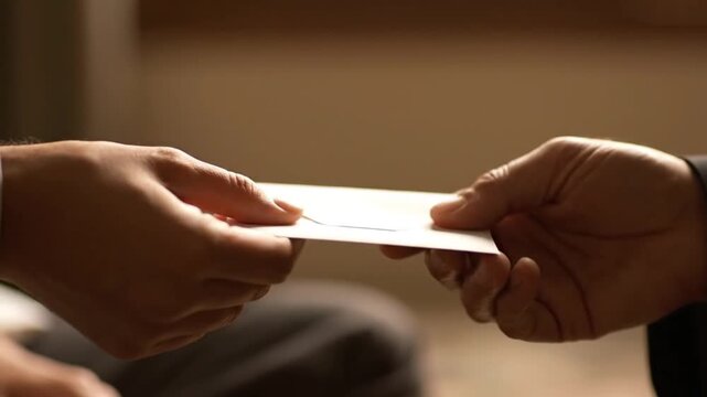 Close-up slow motion of hands giving donation envelope for zakat or charity, warm natural light, respectful and empathetic mood, Islamic generosity concept.
