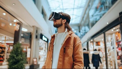 Man using VR headset in a modern shopping mall, exploring virtual reality