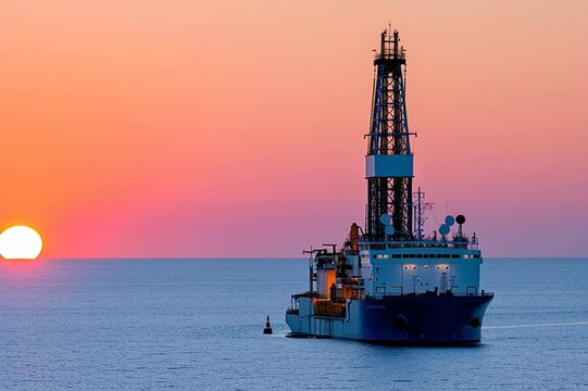 An offshore drilling rig on sunset, industrial operations at the ocean, maritime engineering. The sun dips below the horizon. 