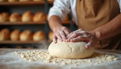Baker presses bread dough on table. Male baker prepares pastry in bakery. Man kneading dough. Flour scatters on table. Bread lies on shelfs. Artisan bakes bread in bakehouse