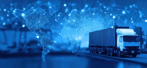 Truck transporting containers with a digital world map overlay, illustrating global supply chain, cargo shipping, and distribution logistics