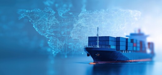 Cargo ship sailing with a world map showing network connections, representing international trade, shipping, and global supply chain