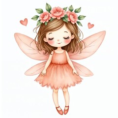 Naklejka premium Cute fairy illustration with flower crown and wings. Adorable magical girl flyes in fantasy world. Artistic fairy character artwork with floral elements for children projects and design.