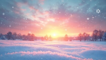 Fototapeta premium Winter scene at sunset. Snow covered field with trees and a colorful sky. Flakes gently fall at dusk. Calm serene winter landscape perfect for seasonal projects
