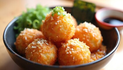 Close up photo of takoyaki balls served in black bowl with sauce. Popular Japanese street food, octopus balls topped with bonito flakes. Delicous asian cuisine.