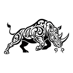 Fototapeta premium Powerful tribal style rhinoceros illustration in black and white with intricate swirling patterns.