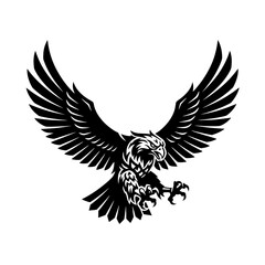 Obraz premium Powerful black and white eagle mascot in flight with wings spread and talons extended, detailed graphic illustration.