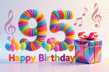Vibrant 3D illustration featuring rainbow-colored rope 95 balloons, and gift box, set against a soft white background with musical notes.