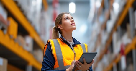 Woman wearing safety vest and holding a digital tablet, managing stock and logistics in a large storage warehouse