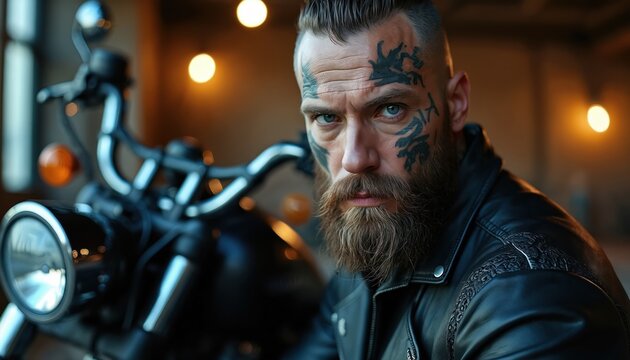 Brutal biker with face tattoos. He poses near classic black motorcycle. Man wears leather jacket. Portrait shot features focused look with strong emotions.
