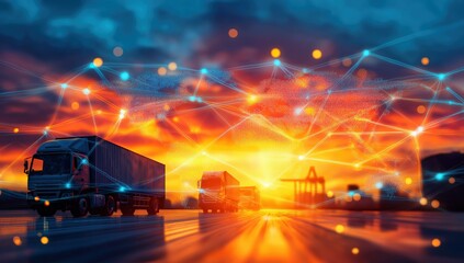 Global logistics network connecting freight trucks and containers across a world map overlay with digital connections at sunset