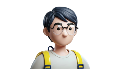 3D Cartoon Boy with Backpack and Glasses