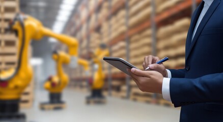Businessman using a digital tablet for inventory management in an automated smart warehouse with robotic arms handling logistics