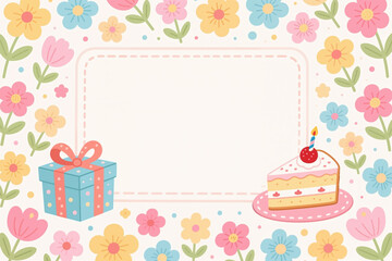 A whimsical illustration featuring a birthday cake with a lit candle and a wrapped gift, set against a soft, floral background with pastel colors and a subtle frame.