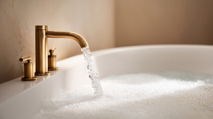 Luxurious golden faucet pouring clear water into a foamy bathtub in a modern bathroom setting