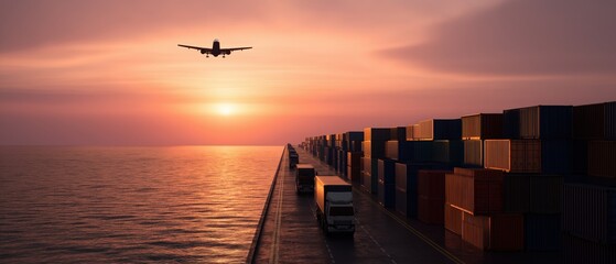 Fototapeta premium Global logistics concept showing shipping containers, trucks, and airplane transporting goods against a beautiful sunset sky and ocean