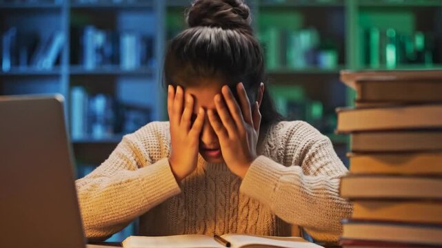 woman stressed studying late night.