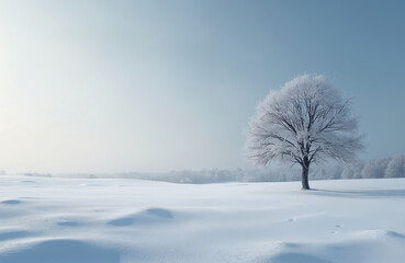Lone frosted tree stands in vast white snow field under pale blue winter sky. Gentle snow drifts create soft shadows across open landscape. Bare branches covered in ice crystals suggest extreme cold.