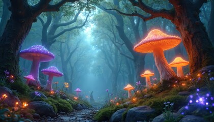 Naklejka premium Magical forest illustration glowing mushrooms. Surreal landscape fantasy theme with enchanted atmosphere. Mystic fairy tale scene with vibrant colors creates dreamy art. Fantasy nature scene with