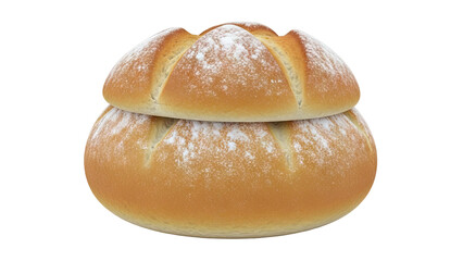 Two stacked white bread rolls dusted with flour