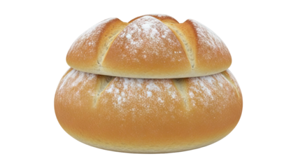 Two stacked white bread rolls dusted with flour